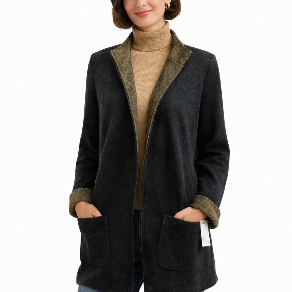 Chico Women’s Jacket NWT Size 1 Versatile Black w/Metallic Open‑Front Coat